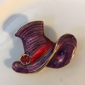 Purple Hat Brooch with Red Ribbon/Red Rhinestones